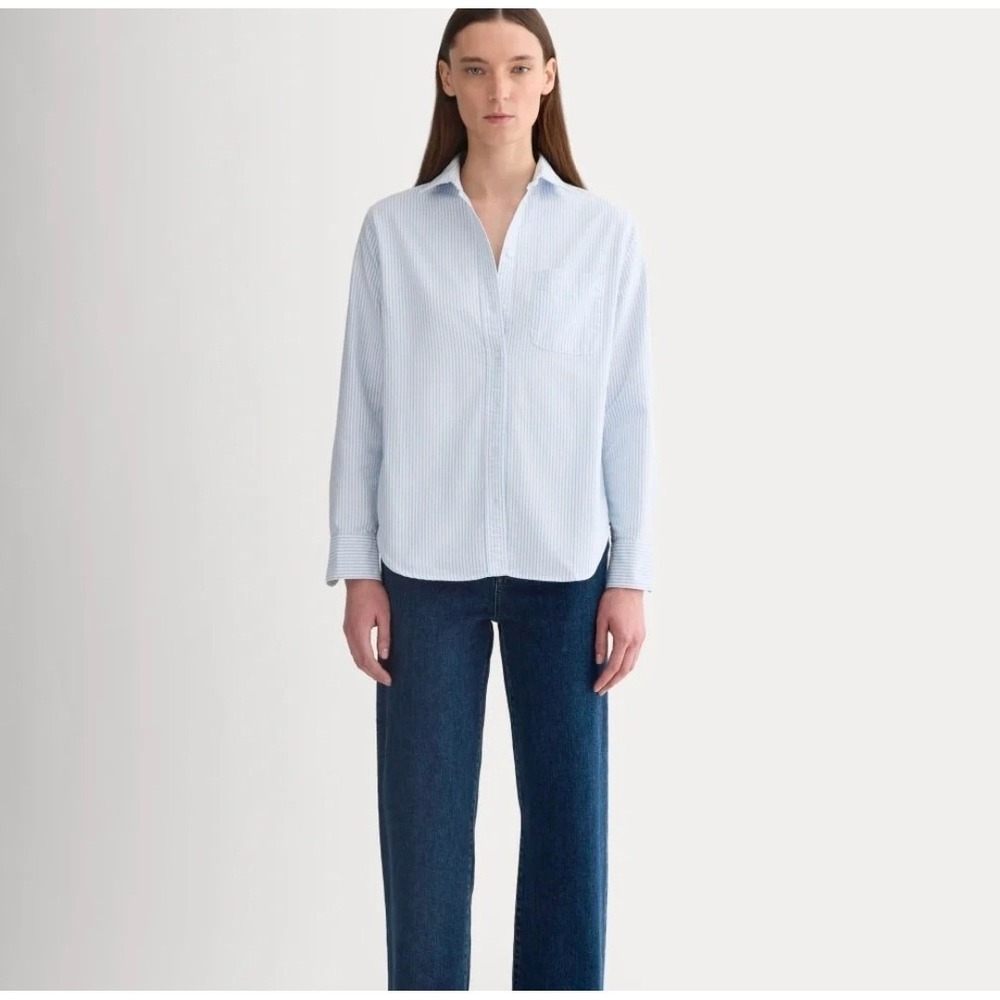 EVERLANE Classic Oxford Stripe Shirt Womens Preppy Plus Size 16 Light Blue White